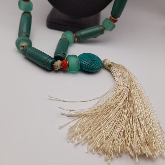 Vintage Chico's Boho 38 Inch Leather Glass Beads Long Tassel Necklace - Picture 6 of 12